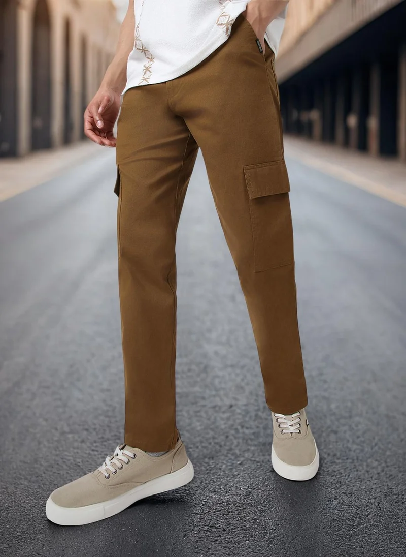 Urbano Fashion Men's Brown Regular Fit Solid Cargo Chino Pant with 6 Pockets Stretchable